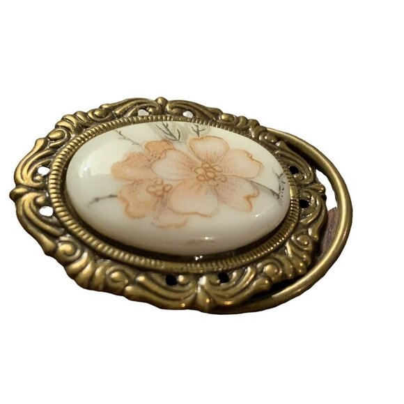 Vintage Jeri-Lou Floral Scarf Clip Oval Goldtone Frame Dogwood Design Signed - Picture 6 of 11